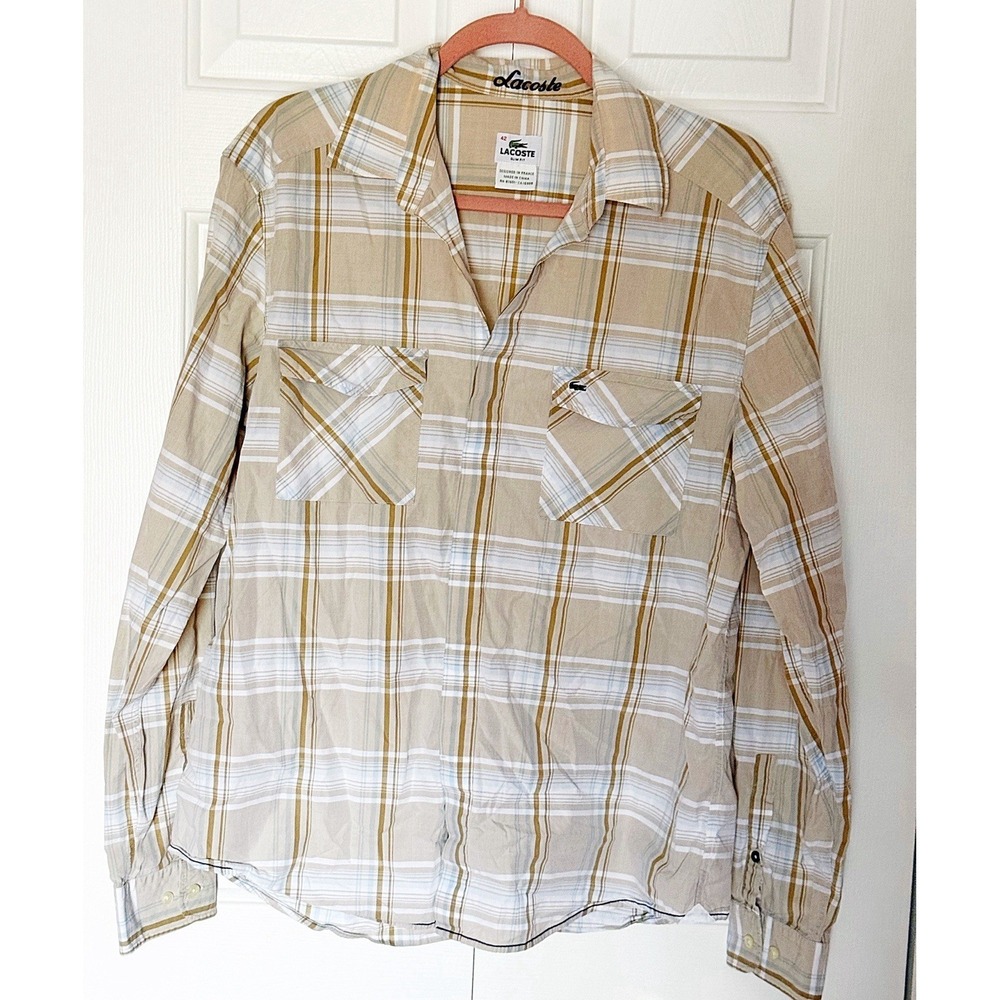 Lacoste Men's Button Up Beige Plaid Slim Fit Long Sleeve Shirt In Size 42